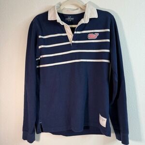 Vineyard Vines Kids Long Sleeve Rugby Shirt Navy White‎ Whale Logo Size XL 18